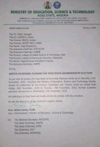 KOGI STATE MINISTRY OF EDUCATION, ISSUES OUT IMPORTANT NOTICE ON CLOSURE OF SCHOOL FOR THE KOGI STATE GOVERNORSHIP ELECTION