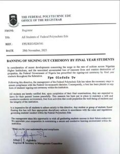 THE FEDERAL POLYTECHNIC OFFA, BANS SIGNING OUT, ISSUES NOTICE TO FINAL YEAR STUDENTS