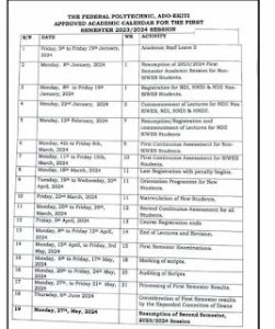 THE FEDERAL POLYTECHNIC, ADO-EKITI RELEASES 2023/2024 ACADEMIC CALENDAR