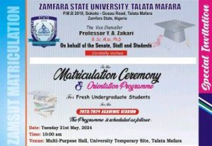 Professor Y. A. Zakari B. Sc, M.sc, Ph.D On behalf of the Senate, Staff and Students Cordially invites the general public to the Matriculation Ceremony & Orientation Programme For Fresh Undergraduate Students for the 2023/2024 academic session which is scheduled to hold as follows: WAEC offline past questions - with all answers and explanations in one app - Download for free Post-UTME Past Questions - Original materials are available here - Download PDF for your school of choice + 1 year SMS alerts WAEC Past Questions, Objective & Theory, Study 100% offline, Download app now - 24709 Date: Tuesday 21st May, 2024 Time: 10:00 am Venue: Multi-Purpose Hall, University Temporary Site, Talata Mafara