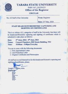 TARABA STATE UNIVERSITY, ISSUES NOTICE ON STAFF HEADCOUNT/BIOMETRIC CAPTURING AND SIGHTING OF CERTIFICATES