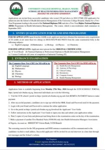 UNIVERSITY COLLEGE HOSPITAL, (UCH) IBADAN, NIGERIA BEGINS THE SALES OF ADMISSION FORM INTO N D AND H N D FULL TIME SCHOOL OF HEALTH INFORMATION MANAGEMENT FOR THE 2024/2025 ACADEMIC SESSION