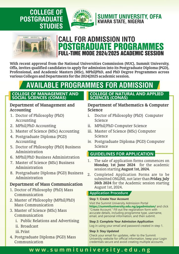 Summit University, Offa, Opens Applications for Postgraduate Programmes for 2024/2025 Academic Session 5 pg SUMMIT UNI 724x1024 1
