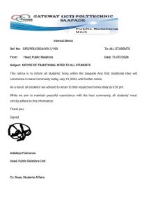 GATEWAY (ICT) POLYTECHNIC SAAPADE ISSUES IMPORTANT INFORMATION ON NOTICE OF TRADITIONAL RITES TO ALL STUDENTS