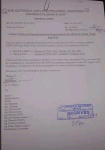THE GATEWAY (ICT) POLYTECHNIC, SAAPADE (GAPOSA) ISSUES IMPORTANT NOTICE ON SECOND SEMESTER EXAMINATION FOR THE 2023/2024 ACADEMIC SESSION