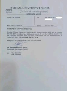 FEDERAL UNIVERSITY LOKOJA, (FULOKOJA) ISSUES IMPORTANT NOTICE ON CLOSURE OF UNIVERSITY PORTAL