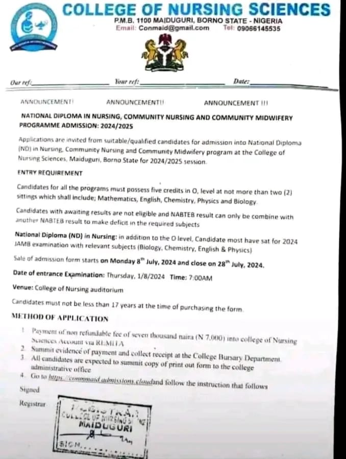 COLLEGE OF NURSING & MIDWIFERY BORNO 2024/2025 ADMISSION FORM IS OUT 5 IMG 20240707 WA0007 1