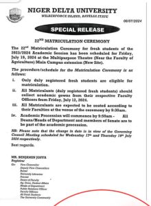 NIGER DELTA UNIVERSITY, (NDU) DECLARES 22ND MATRICULATION CEREMONY FOR THE 2023/2024 ACADEMIC SESSION