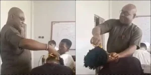 OUTRAGE AS UNIZIK LECTURER TRIMS STUDENT’S TRENDY HAIRSTYLE WITH SCISSORS – SEE VIDEO & FULL STORY