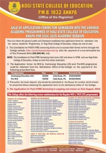 Kogi State College Of Education, ankpa (KSCOEA) Releases Post UTME Admission Form For The 2024/2025 Academic Session