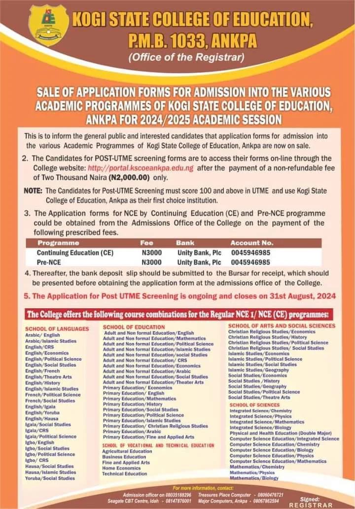 Kogi State College Of Education, ankpa (KSCOEA) Releases Post UTME Admission Form For The 2024/2025 Academic Session