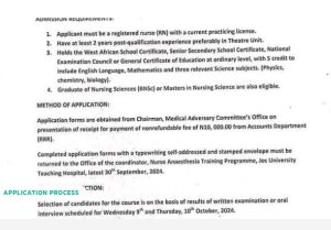 School Of Post-Basic Nursing Anesthesia, Jos University Teaching Hospital Begins Sale Of 2025/2026 Admission Form