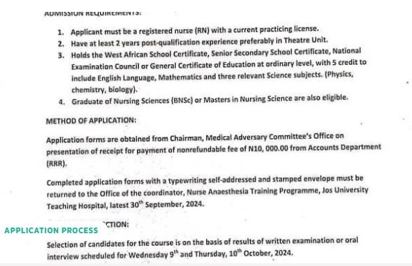 School Of Post-Basic Nursing Anesthesia, Jos University Teaching Hospital Begins Sale Of 2025/2026 Admission Form