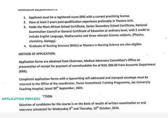 School Of Post-Basic Nursing Anesthesia, Jos University Teaching Hospital Begins Sale Of 2025/2026 Admission Form