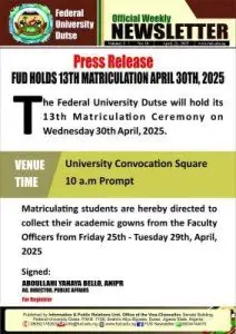 FUDUTSE ANNOUNCES 13TH MATRICULATION CEREMONY SCHEDULE