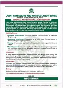 JAMB BEGINS 2025 TECHNICAL WORKFORCE RECRUITMENT — APPLY NOW