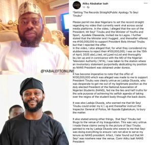 NANS PRESIDENT MAKES U-TURN, PUBLICLY APOLOGIZES TO SEYI TINUBU OVER ALLEGATIONS OF ₦100M BRIBE AND ASSAULT
