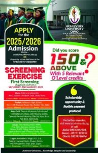 Achievers University Releases Post-UTME/DE Admisssion Form for 2025/2026 Academic Session