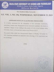 SOUTHERN DELTA UNIVERSITY OPENS ADMISSION FOR LL.B LAW PROGRAMME