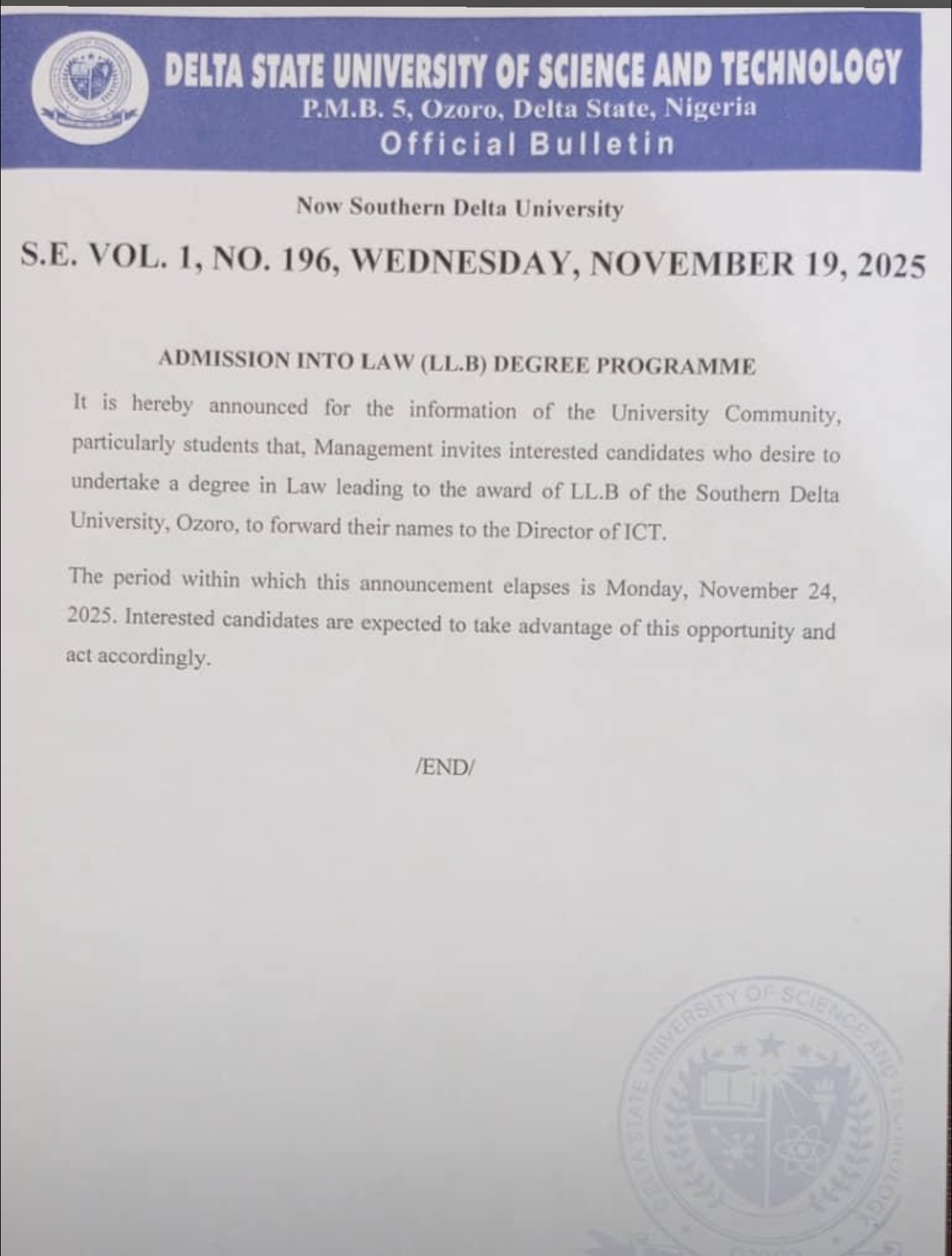 SOUTHERN DELTA UNIVERSITY OPENS ADMISSION FOR LL.B LAW PROGRAMME
