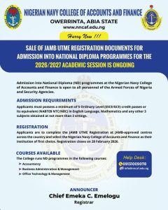 NIGERIAN NAVY COLLEGE OF ACCOUNTS AND FINANCE COMMENCES SALE OF JAMB UTME FOR ND PROGRAMMES 2026/2027 SESSION