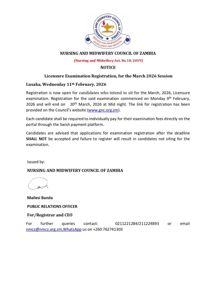 NURSING COUNCIL OF ZAMBIA OPENS MARCH 2026 LICENSURE EXAM REGISTRATION