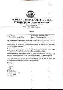 FEDERAL UNIVERSITY DUTSE OPENS APPLICATION FOR STUDENTS BENEVOLENT SCHOLARSHIP