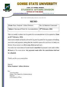 GOMBE STATE UNIVERSITY OPENS ACCOMMODATION PORTAL FEBRUARY 26