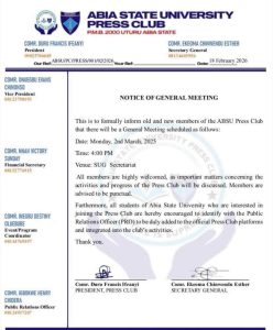 ABSU PRESS CLUB ANNOUNCES GENERAL MEETING FOR MEMBERS