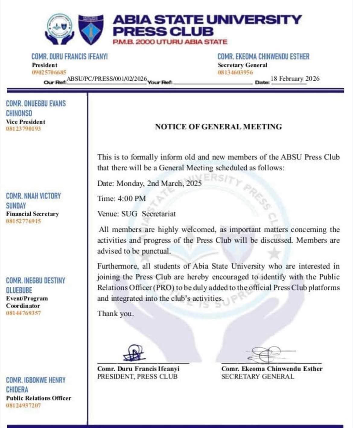 ABSU PRESS CLUB ANNOUNCES GENERAL MEETING FOR MEMBERS
