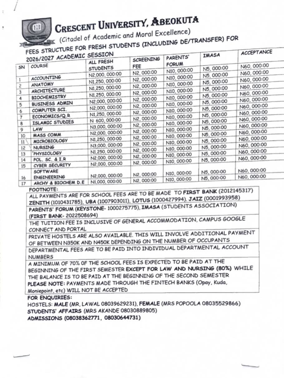 CRESCENT UNIVERSITY RELEASES 2026 2027 FEE STRUCTURE FOR FRESH STUDENTS