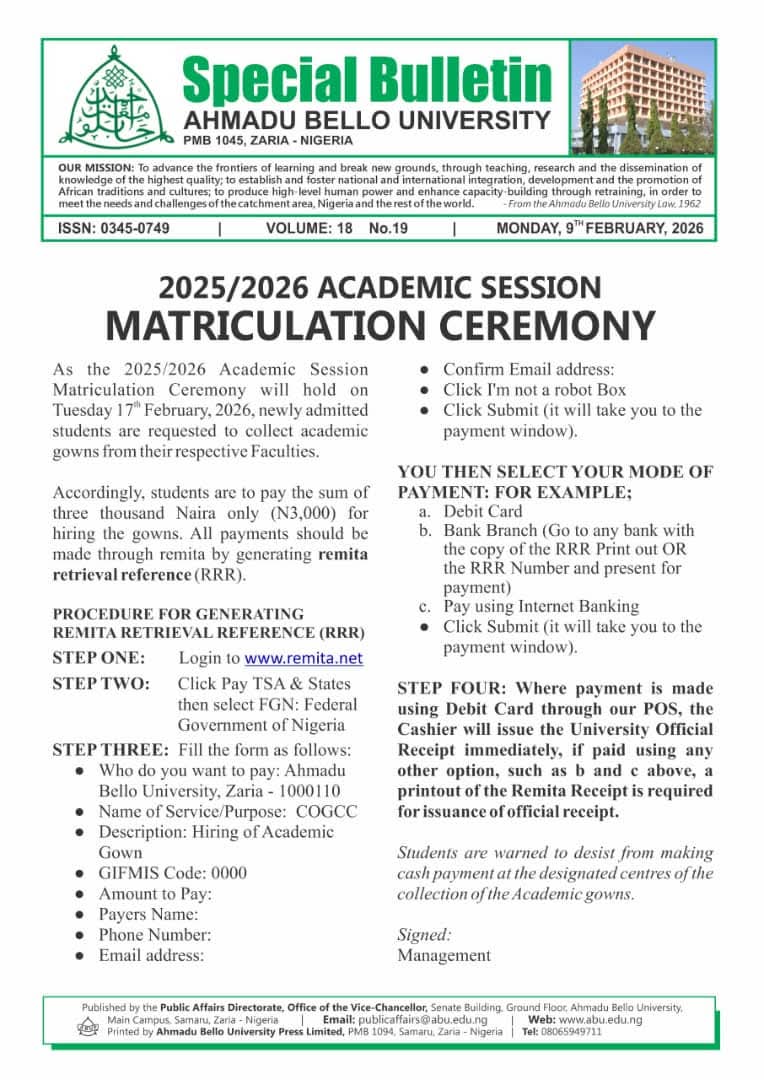 ABU SETS DATE FOR 2025 2026 MATRICULATION CEREMONY