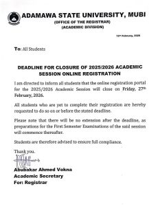 ADAMAWA STATE UNIVERSITY ANNOUNCES DEADLINE FOR 2025 2026 ONLINE REGISTRATION