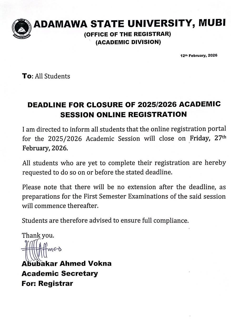 ADAMAWA STATE UNIVERSITY ANNOUNCES DEADLINE FOR 2025 2026 ONLINE REGISTRATION