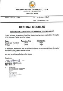 Modibbo Adama University ANNOUNCES ADJUSTED WORKING HOURS FOR STAFF DURING 2026 RAMADAN FASTING PERIOD