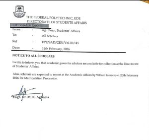 The Federal Polytechnic, Ede DIRECTS SCHOLARS TO COLLECT ACADEMIC GOWNS, ANNOUNCES MATRICULATION PROCESSION TIME