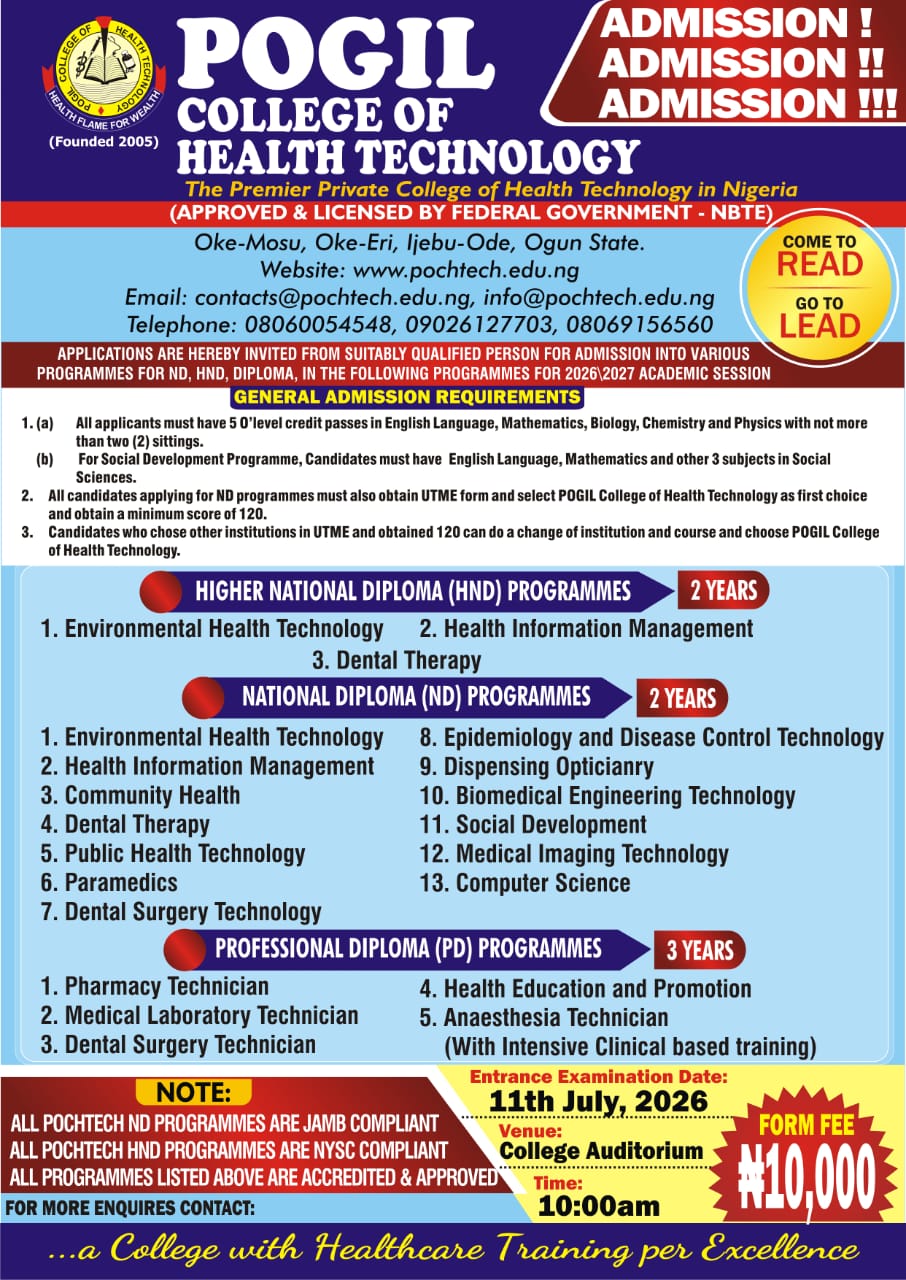POGIL College of Health Technology INVITES APPLICATIONS FOR 2026/2027 ADMISSION