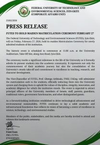 FUTES ANNOUNCES MAIDEN MATRICULATION CEREMONY DATE