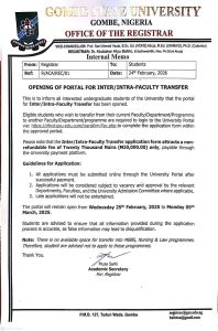 GOMBE STATE UNIVERSITY OPENS TRANSFER APPLICATION PORTAL