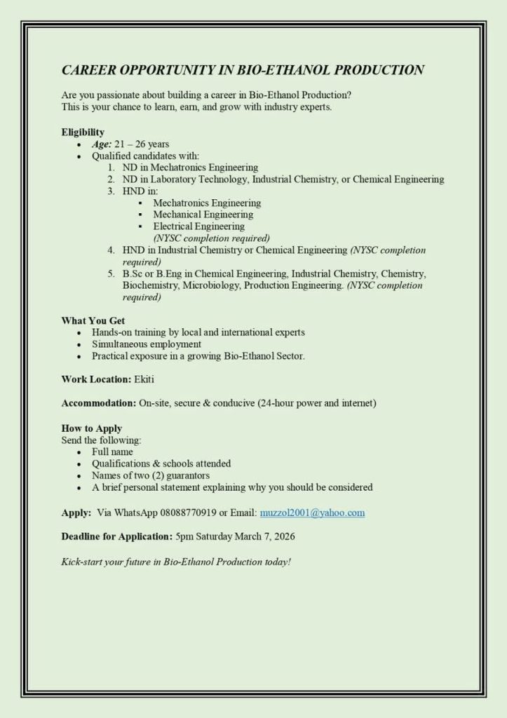 BIO ETHANOL PRODUCTION TRAINING OPPORTUNITY ANNOUNCED