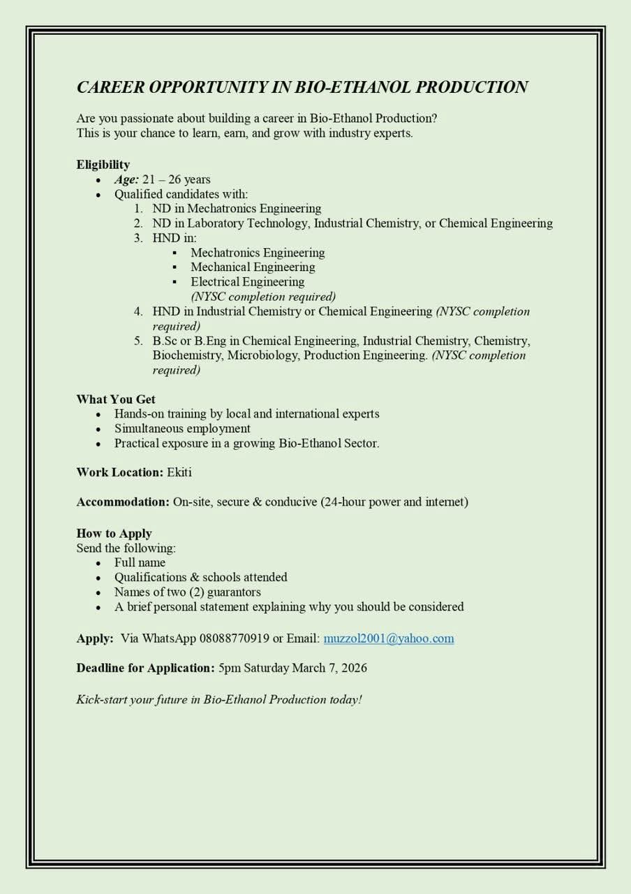 BIO ETHANOL PRODUCTION TRAINING OPPORTUNITY ANNOUNCED