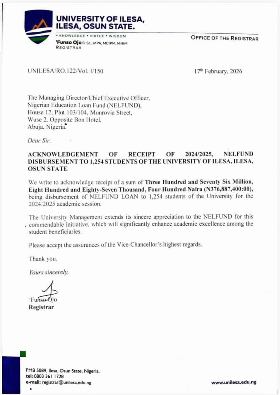 NELFUND DISBURSES STUDENT LOANS TO UNIVERSITY OF ILESA