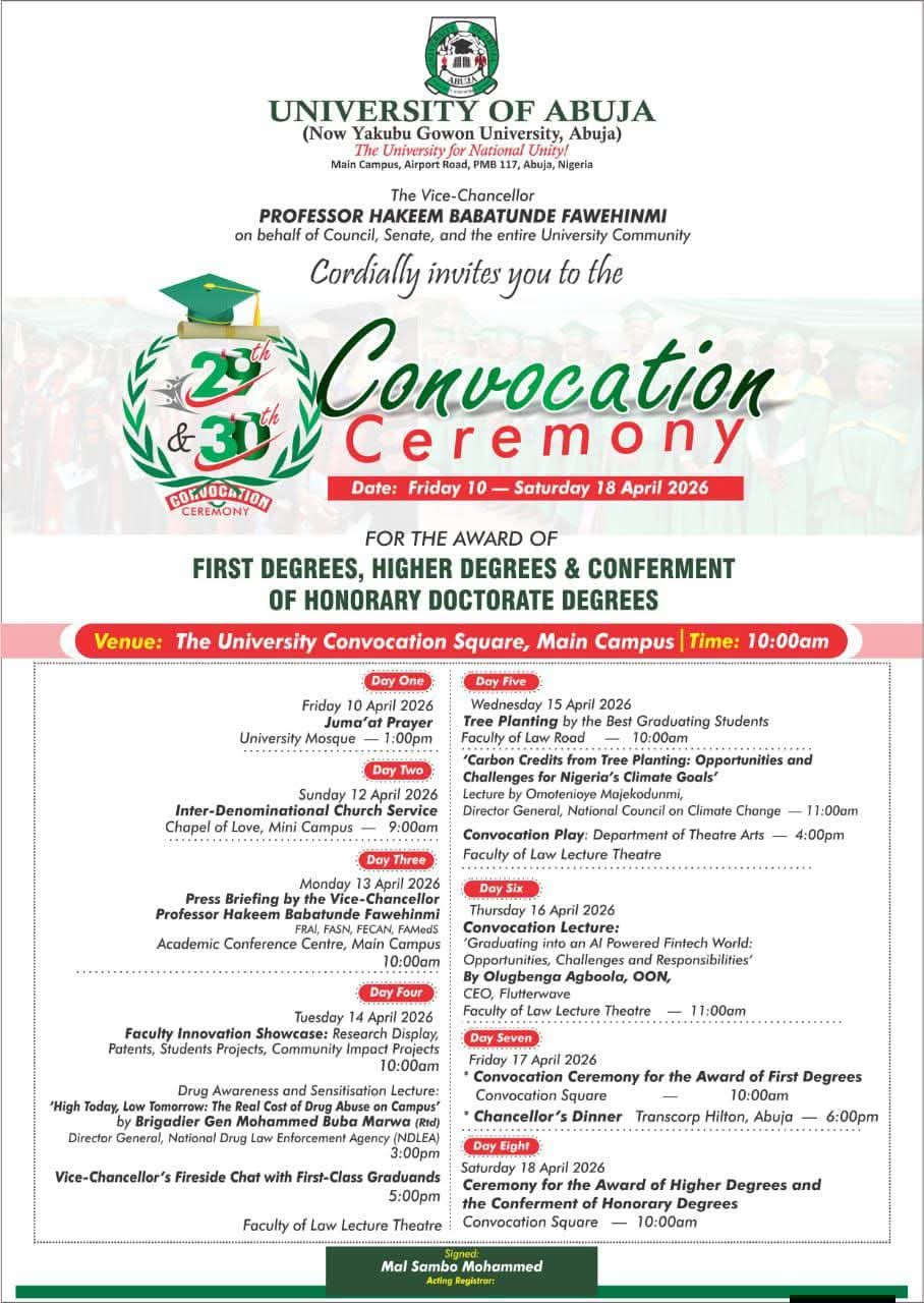 UNIVERSITY OF ABUJA ANNOUNCES 29TH AND 30TH CONVOCATION CEREMONIES