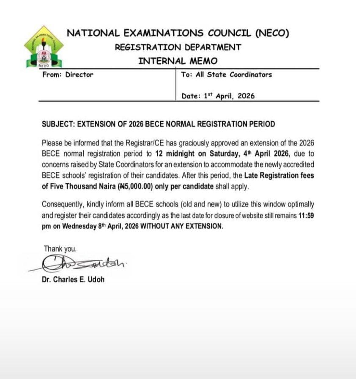 NECO EXTENDS 2026 BECE REGISTRATION DEADLINE