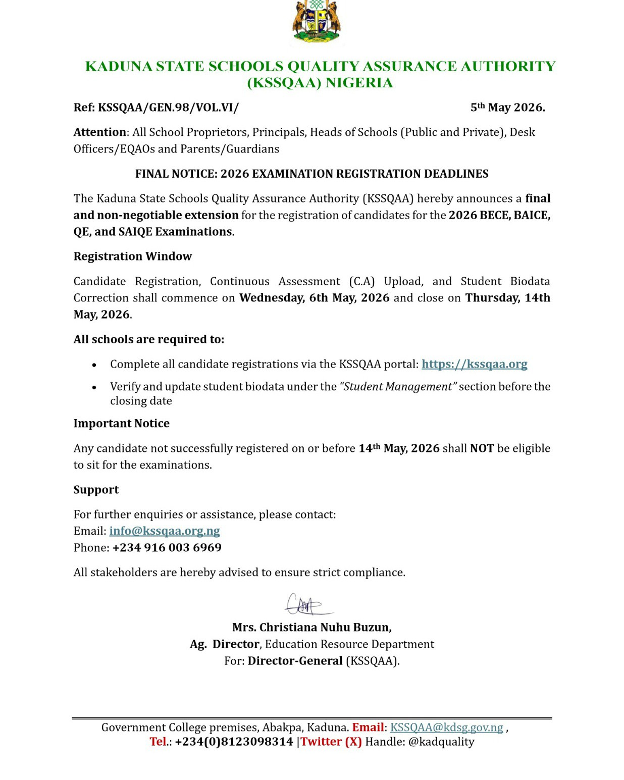 KADUNA STATE ISSUES FINAL DEADLINE FOR 2026 EXAMINATION REGISTRATION